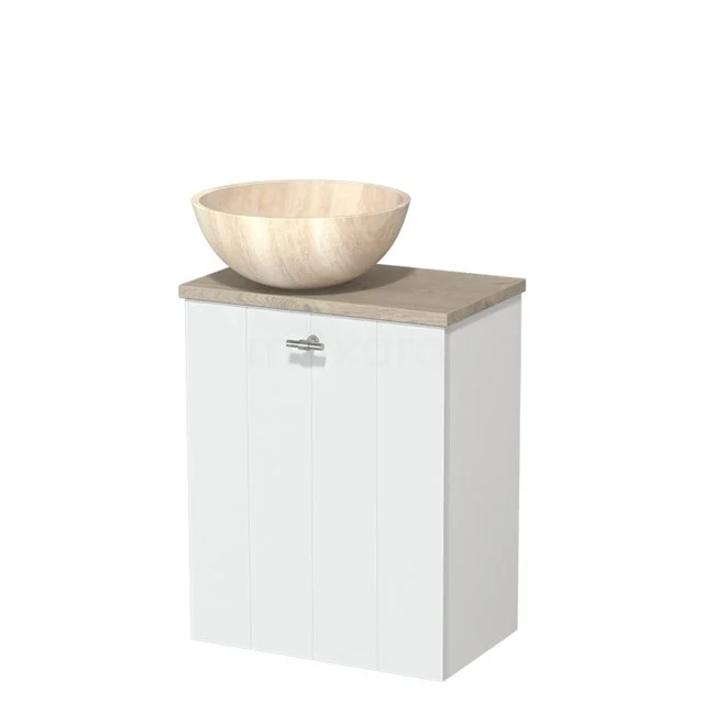 Witte badkamerkast met houtkleurig blad en ronde natuurstenen waskom, perfect voor een moderne en compacte badkamerstijl.