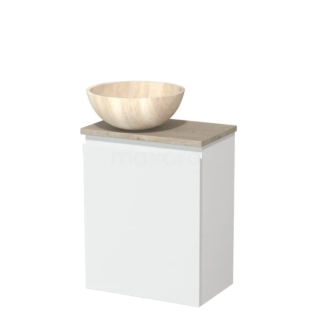 Wit badkamermeubel met houtlook wastafelblad en ronde zandkleurige waskom, compact ontwerp voor een moderne badkamer.