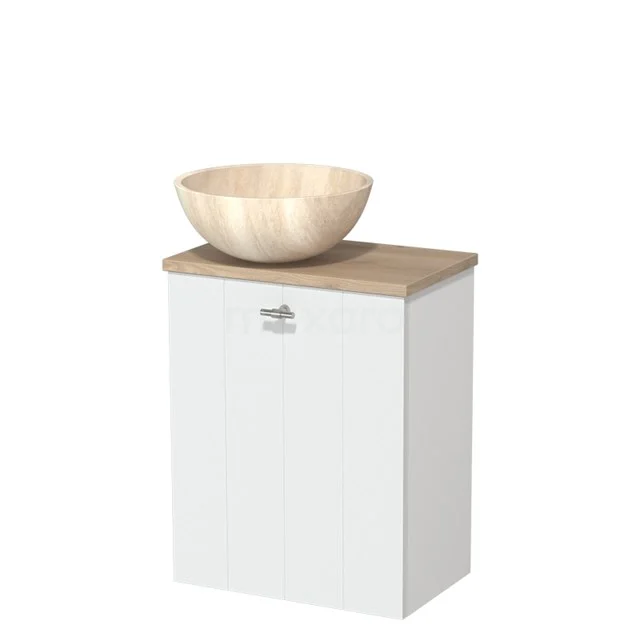 WC-Möbel mit Aufsatzwaschbecken | 41 cm Matt Weiß Lamellen Front Travertin Naturstein Aufsatzwaschbecken Hellbraune Eiche Platte TMK10-10567 Weißer Badschrank mit Holzplatte und beigem Aufsatzwaschbecken, schlichtes Design, ideal für moderne Bäder.
