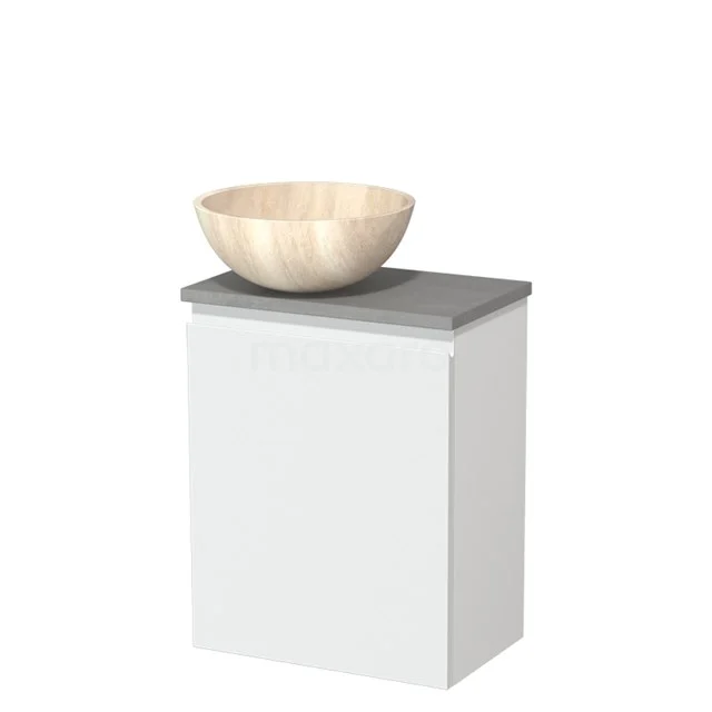 Wit badkamermeubel met grijs blad en ronde wastafel van natuurlijk hout; compact en modern design.