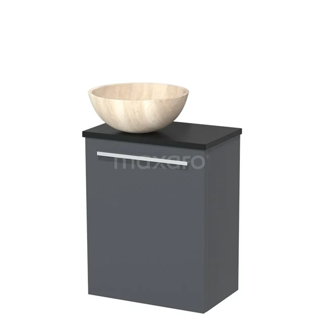 Dark grey bathroom cabinet with black top and round wooden countertop wash basin, modern design, ideal for compact bathrooms.