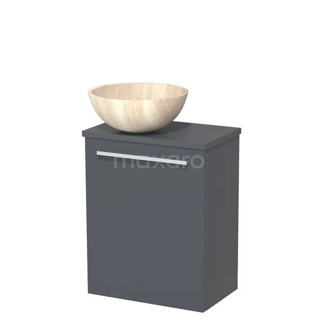 Grijze badkamerkast met houten wastafelkom, strak design en opbergruimte, ideaal voor een moderne badkamer inrichting.
