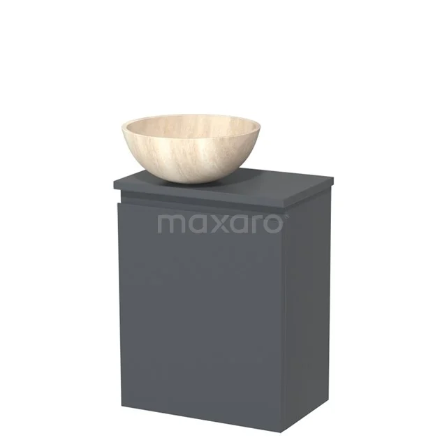 Matgrijze badkamerkast met houten waskom, modern design, ideaal voor een stijlvolle en georganiseerde badkameropstelling.