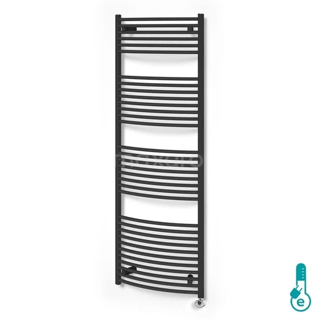 Black designer towel radiator made of curved steel, ideal for stylish and functional heating in any modern bathroom.