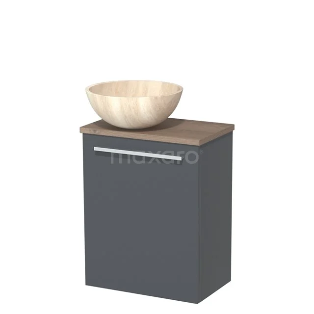 Grijze badkamerkast met houten blad en ronde natuurstenen waskom; ideaal voor stijlvolle en compacte badkamerinrichting.