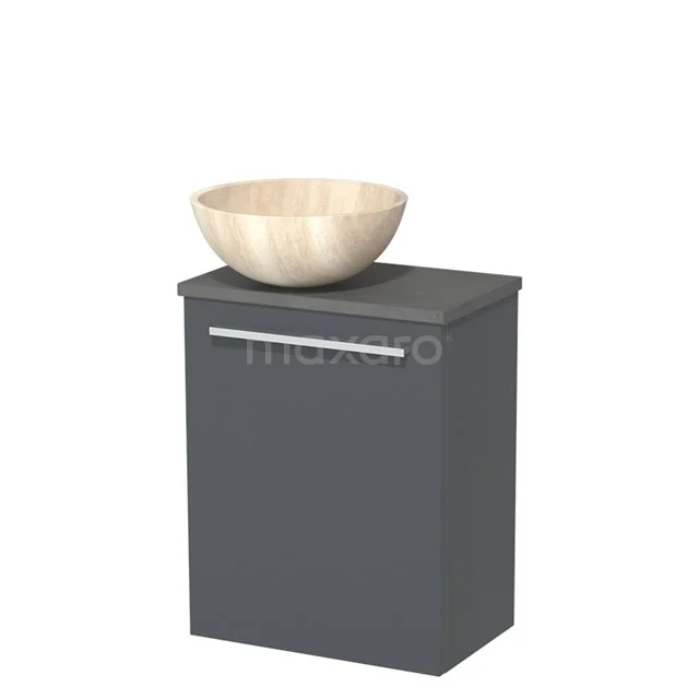 Grijze badkamerkast met houten wastafelkom, strak ontwerp, ideaal voor een moderne badkamerstijl.