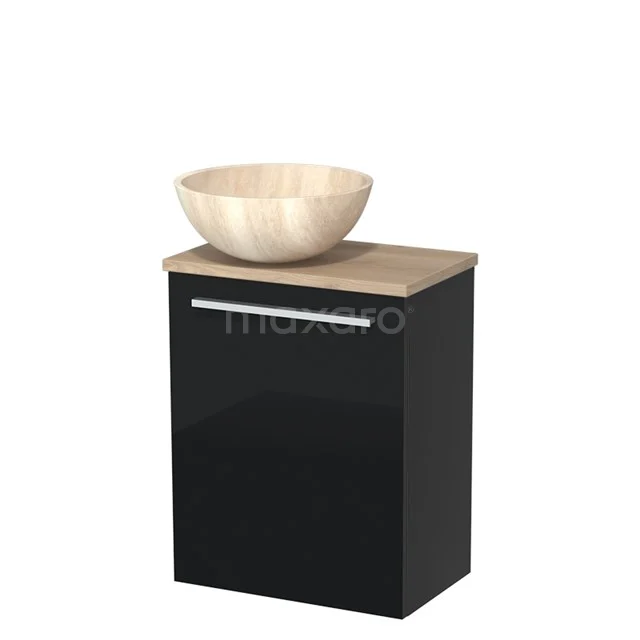 Schwarzer Badschrank mit Holzwaschtischplatte und Aufsatzwaschbecken aus hellem Holz, perfekt für moderne Badezimmergestaltung.