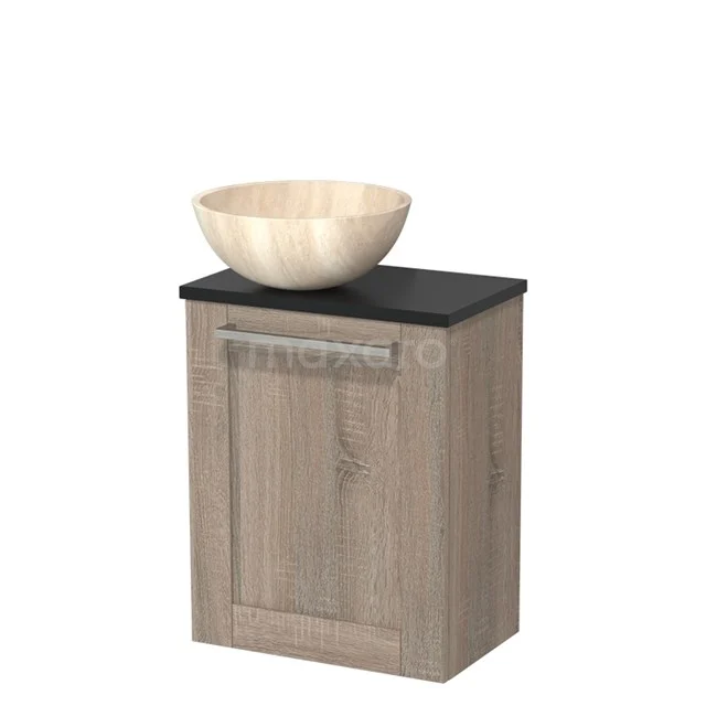 Houten badkamermeubel met zwarte bovenblad en geïntegreerde waskom, modern design voor stijlvolle badkamer inrichting.