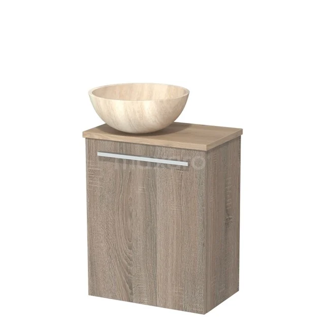 WC-Möbel mit Aufsatzwaschbecken | 41 cm Eiche glatte Front Travertin Naturstein Aufsatzwaschbecken Hellbraune Eiche Platte TMK10-10716 Holz-Badschrank mit natürlichem Aufsatzwaschbecken, kompaktes Design, einschließlich metallischem Haltegriff, perfekt für kleine Bäder.