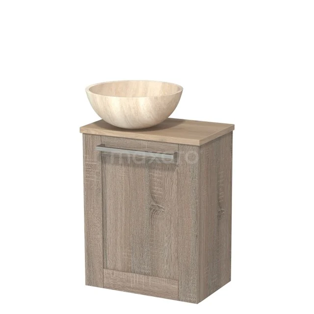 Houten badkamerkast met een moderne waskom van licht hout, ideaal als stijlvolle opbergruimte in de badkamer.