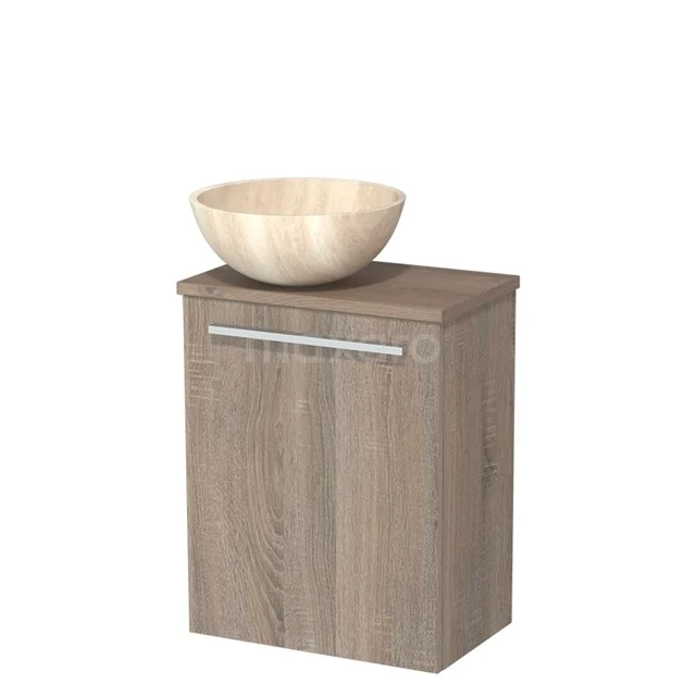 WC-Möbel mit Aufsatzwaschbecken | 41 cm Eiche glatte Front Travertin Naturstein Aufsatzwaschbecken mittelbraune Eiche TMK10-10718 Kompakter Holz-Badschrank mit einem beigen Naturstein Aufsatzwaschbecken, schlankem Design und einem modernen Metall-Haltegriff.