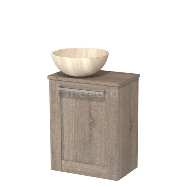Houten badkamerkast met wastafelkom, naturel afwerking, compact design en modern handvat, ideaal voor kleine badkamers.