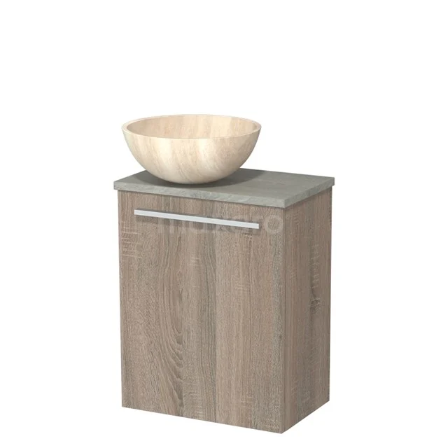 Houten badkamerkast met grijze wastafel en komvormige wasbak, compact ontwerp ideaal voor moderne badkamers.