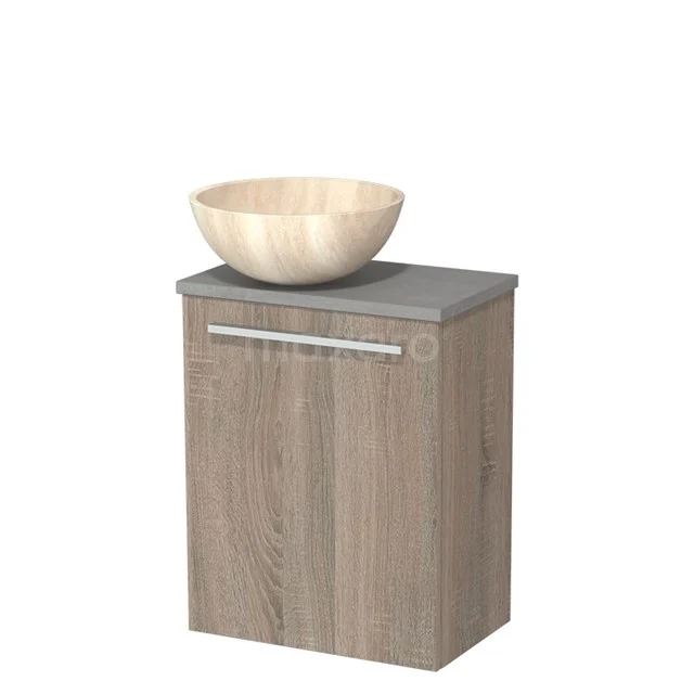 Compact houten badkamermeubel met grijze top en ronde wastafel van beige keramiek, ideaal voor moderne badkamerinrichting.