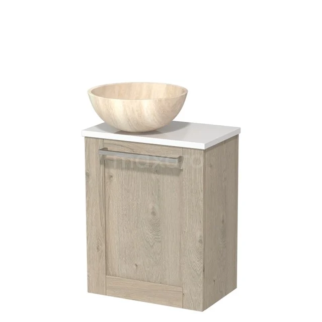 Holz-Badmöbel mit Waschtischunterschrank in heller Eiche, einschließlich rundem Waschbecken aus Naturstein und weißer Platte.