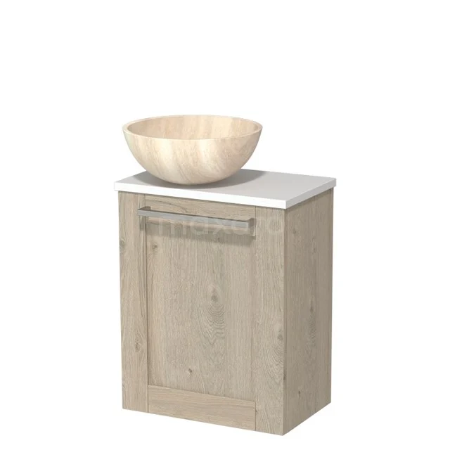 Holz Badschrank mit Aufsatzwaschbecken, hell Eiche Farbe, kompaktes Design mit Stauraum, ideal für moderne Badezimmergestaltung.