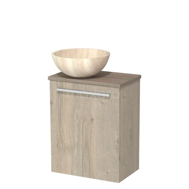 Houten badkamermeubel met licht houten waskom, compact design, geschikt voor moderne badkamers.