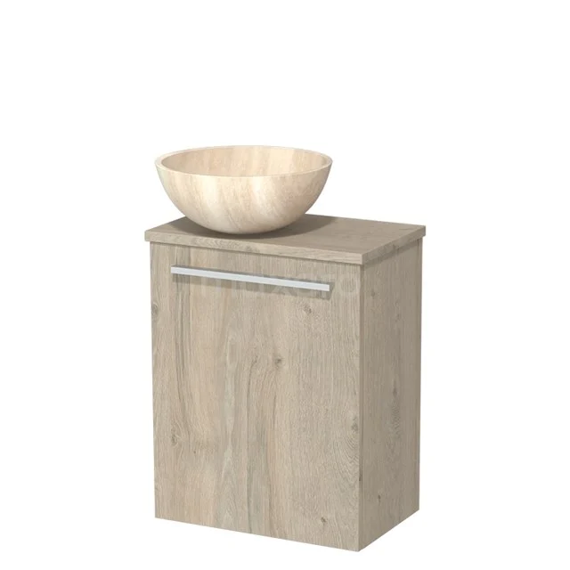 Houten badkamermeubel met wastafelkom, licht eikenhout, compact design, ideaal voor een moderne en natuurlijke badkamerstijl.