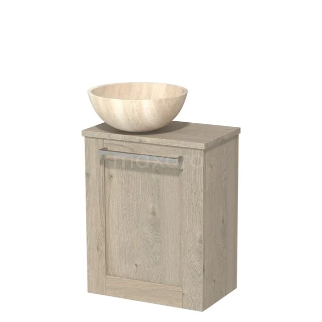 WC-Möbel mit Aufsatzwaschbecken | 41 cm hellgraue Eiche Rahmenfront Travertin Naturstein Aufsatzwaschbecken hellgraue Eiche Platte TMK10-10749 Holz-Waschbeckenunterschrank mit heller Eichenoberfläche, einschließlich runder Aufsatzwaschbecken, ideal für eine stilvolle Badezimmergestaltung.