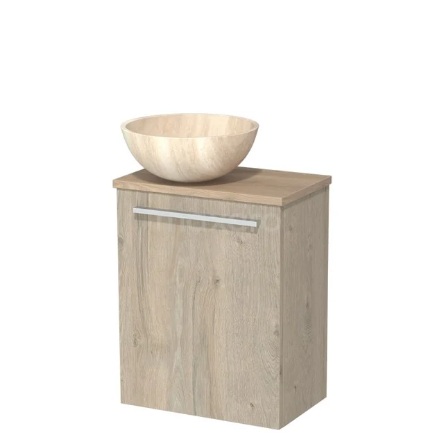 Houten badkamerkast met wastafelkom, natuurlijke houtlook, compact ontwerp, ideaal voor moderne badkamerinrichting.