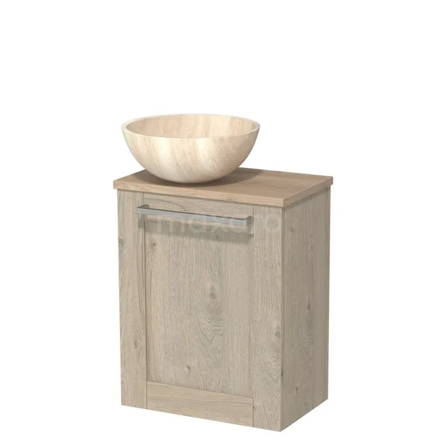 Houten badkamerkast met naturel wastafel, compact ontwerp, perfect voor opbergruimte in moderne, kleine badkamers.