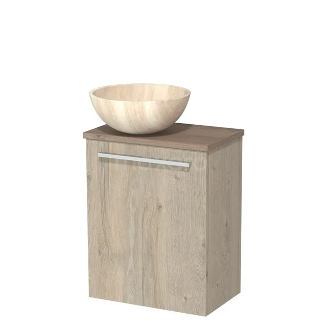 Houten badkamerkast met natuursteen wastafel, beige eikenkleur, compacte vorm en moderne metalen handgreep.