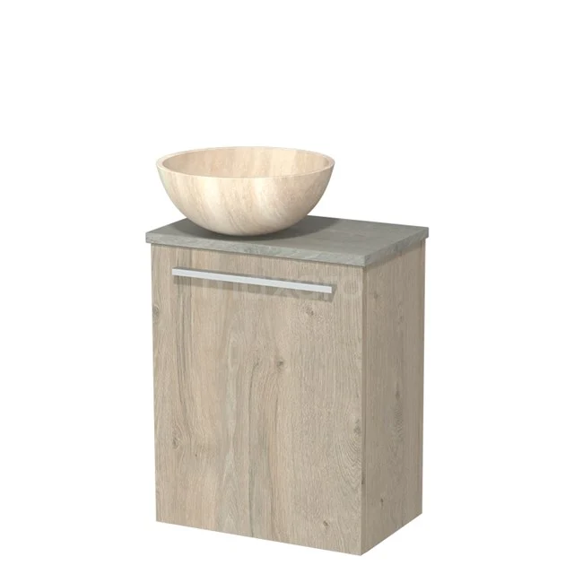 Houten badkamerkast met grijs blad en ronde natuurstenen waskom, ideale compacte oplossing voor een moderne badkamer.