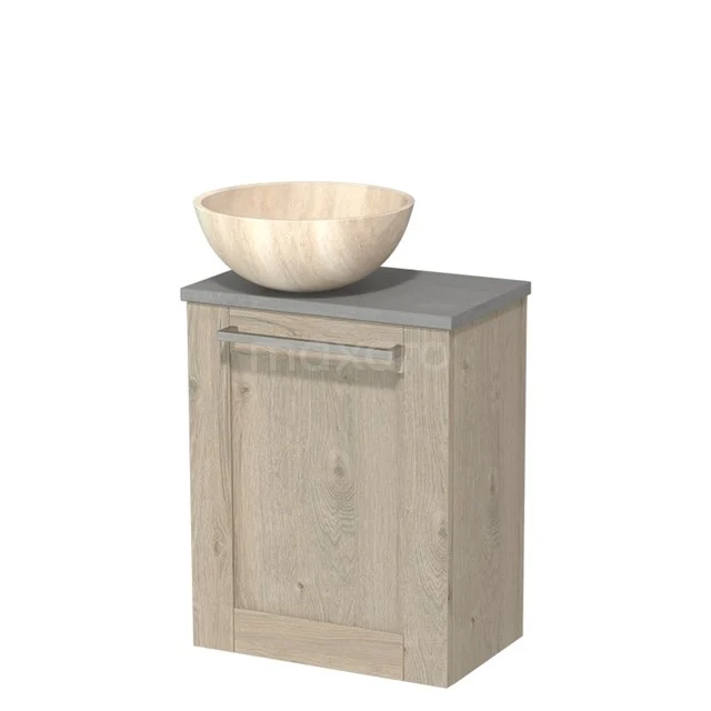 Houten badkamermeubel met grijs blad en ronde, licht houten waskom; ideaal voor een natuurlijke en moderne badkamerstijl.
