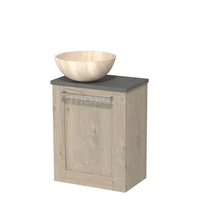 Badkamermeubel houtlook met zwarte wastafel en ronde houten waskom, compact ontwerp, perfect voor moderne badkamers.