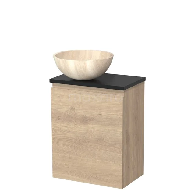 WC-Möbel mit Aufsatzwaschbecken | 41 cm Hellbraune Eiche Grifflose Front Travertin Naturstein Aufsatzwaschbecken Matt Schwarz Platte TMK10-10766 Badmöbel mit Waschbecken, Holzlook-Schrank und schwarzer Oberplatte, ideal für eine stilvolle und moderne Badezimmerinrichtung.
