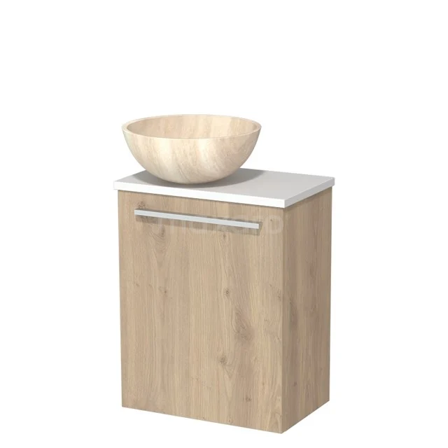 WC-Möbel mit Aufsatzwaschbecken | 41 cm Hellbraune Eiche Glatte Front Travertin Naturstein Aufsatzwaschbecken Matt Weiß Platte TMK10-10784 Holz-Badmöbel mit einem Aufsatzwaschbecken in natürlicher Holzfarbe, modernes Design, geeignet für kompakte Bäder.