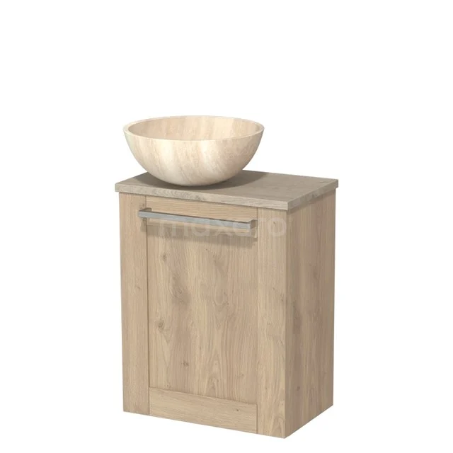 WC-Möbel mit Aufsatzwaschbecken | 41 cm Hellbraune Eiche Rahmenfront Travertin Naturstein Aufsatzwaschbecken Hellgraue Eiche Platte TMK10-10801 Holz-Badmöbel mit Waschbecken aus hellem Holz, elegantes und kompaktes Design geeignet für moderne Bäder.
