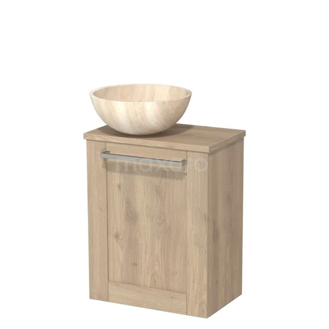 Houten badkamerkast met natuurhouten waskom, compact design, ideaal voor kleine badkamers of toiletruimtes.