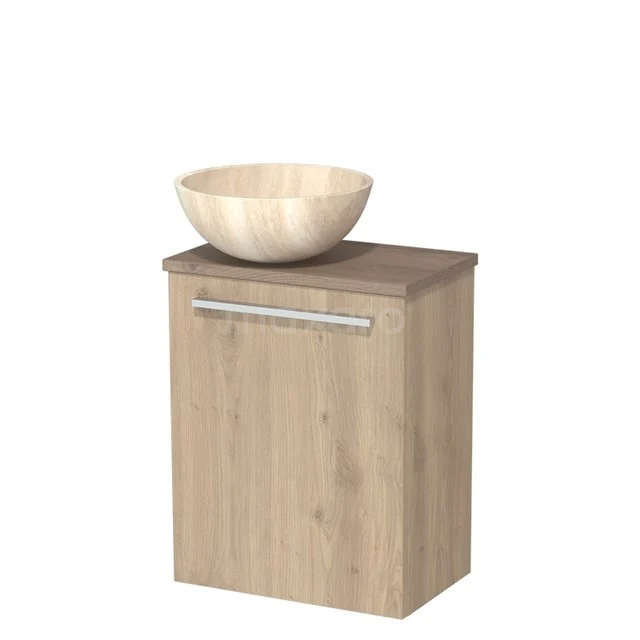 Houten badkamermeubel met eikenlook, inklusief ronde waskom van beige keramiek; stijlvol en compact voor moderne badkamers.