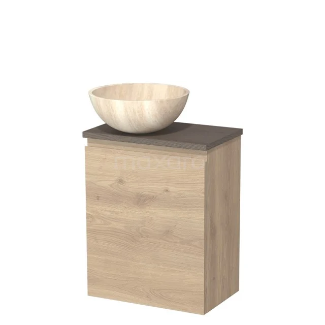 Badkamermeubel houtlook met waskom, modern design, ideaal als compacte wastafelkast voor kleine badkamers.