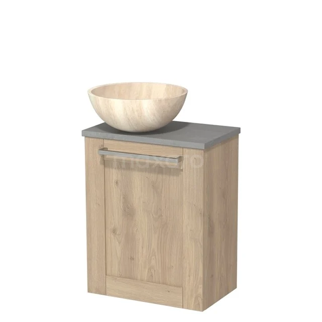 Houten badkamermeubel met natuurstenen blad en ronde waskom, modern design in eikenlook.