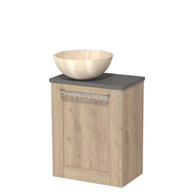 Houten badkamermeubel met natuurstenen blad en ronde waskom, ideaal voor een moderne badkamerstijl.