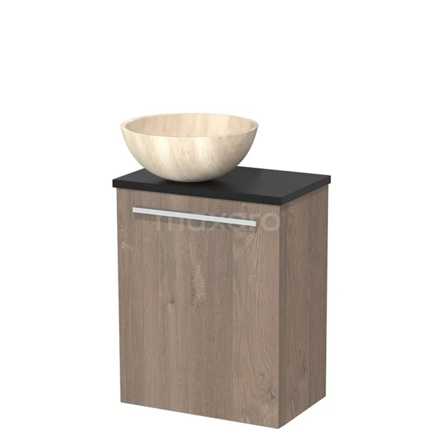 WC-Möbel mit Aufsatzwaschbecken | 41 cm Mittelbraune Eiche Glatte Front Travertin Naturstein Aufsatzwaschbecken Matt Schwarz Platte TMK10-10832 Holz-Badschrank mit schwarzer Platte und rundem Aufsatzwaschbecken aus Naturstein, ideal für eine stilvolle Badezimmergestaltung.