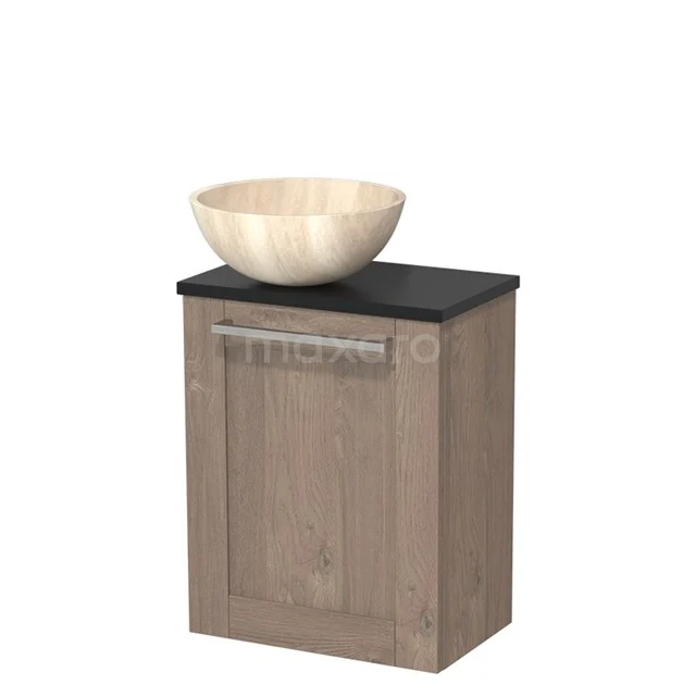 Houten badkamermeubel met matzwarte top en beige waskom, compact ontwerp ideaal voor moderne badkamers.
