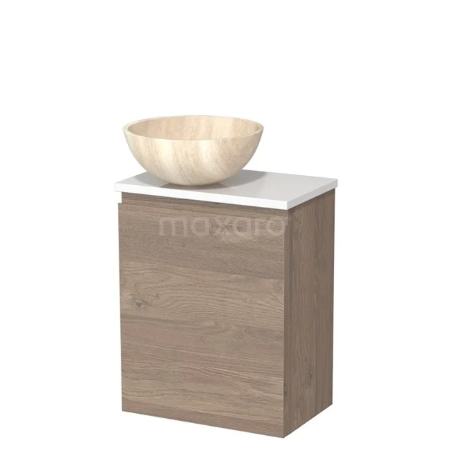 Houten badkamermeubel met witte marmeren bovenblad en beige ronde waskom, compact ontwerp, ideaal voor moderne badkamers.