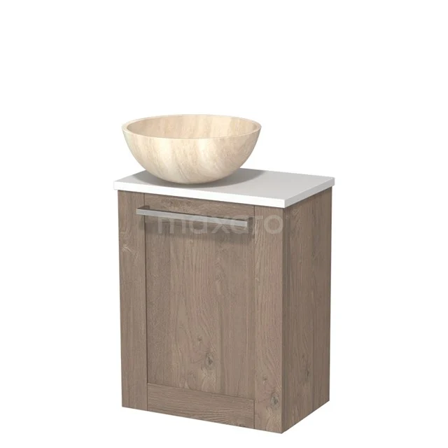 Houten badkamerkast met natuurstenen waskom, eiken-look, metaalhandgreep, perfect voor een moderne badkamerstijl.