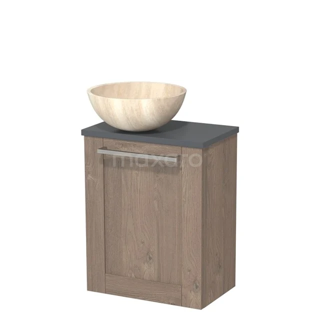 Houten badkamerkast met antraciet blad, keramische waskom en metalen handgreep, perfect voor een stijlvolle badkamer inrichting.