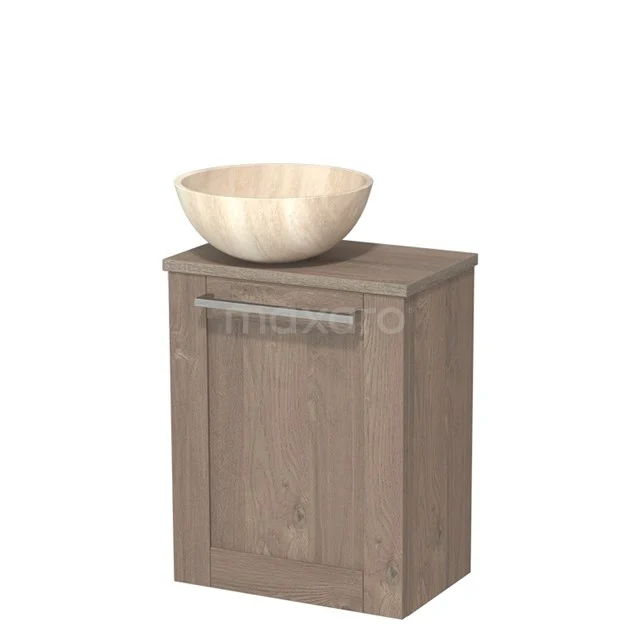 Houten badkamermeubel met waskom, rustieke eiken look, compacte vorm, ideaal voor kleine badkamers of toiletruimtes.