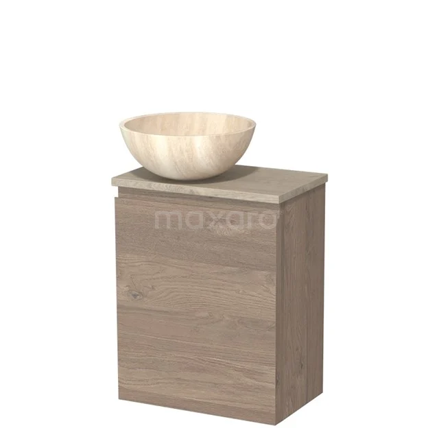 Houten badkamermeubel met waskom, naturel eikenkleur, compacte rechthoekige vorm, ideaal voor een moderne badkamer.