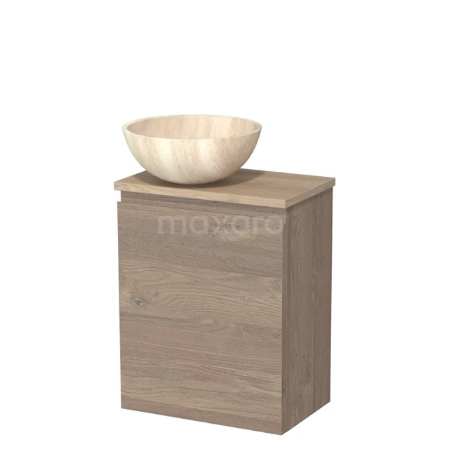 Houten badkamermeubel met wastafel, compact ontwerp in licht eiken, perfect voor moderne kleine badkamers.