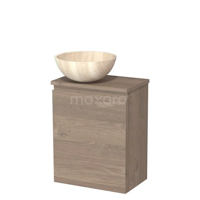 Houten badkamermeubel met natuurstenen waskom, eikenhout-look, compact design, ideaal voor moderne en kleinere badkamers.