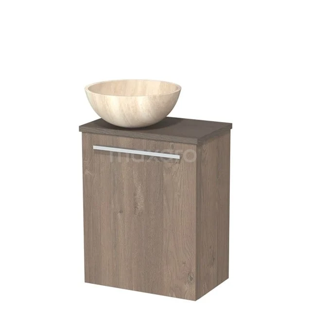 Toiletmeubel met waskom | 41 cm Middenbruin eiken Vlak front Travertin Natuursteen waskom Donkerbruin eiken blad TMK10-10880