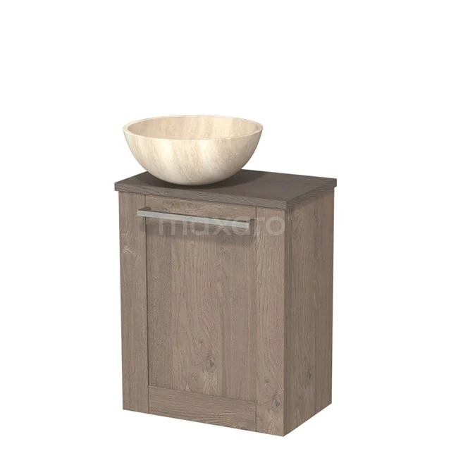 WC-Möbel mit Aufsatzwaschbecken | 41 cm Mittelbraune Eiche Rahmenfront Travertin Naturstein Aufsatzwaschbecken Dunkelbraune Eiche Platte TMK10-10881 Holz-Badschrank mit natürlicher Eichen-Oberfläche und Porzellanbecken im skandinavischen Design.