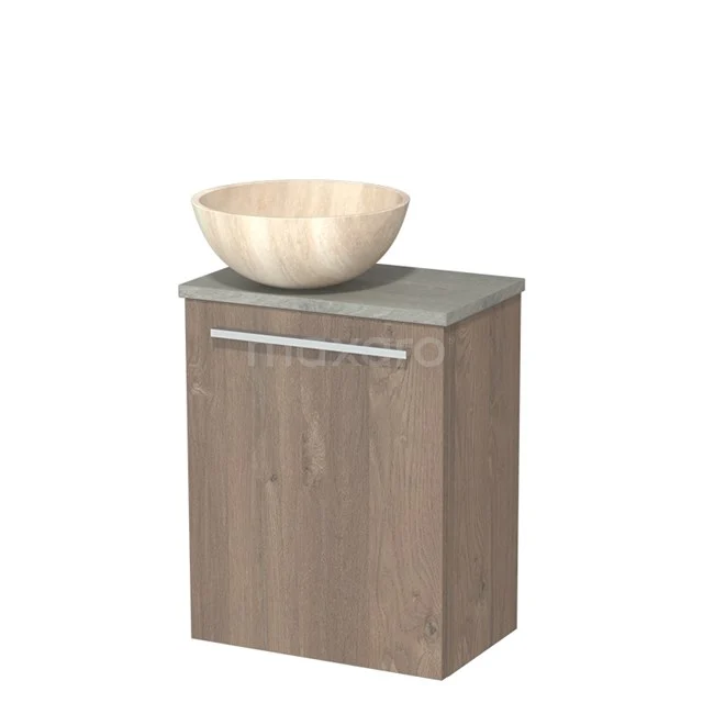 Toiletmeubel met waskom | 41 cm Middenbruin eiken Vlak front Travertin Natuursteen waskom Grijs eiken blad TMK10-10884