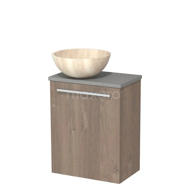 Holz-Badmöbel mit grauer Platte und einem runden Aufsatzwaschbecken, kompaktes Design ideal für moderne kleine Bäder.